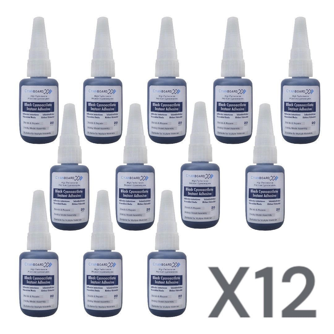 Cyanboard, 12 unidades Pegamento negro de cianocrilato 20 grs. Adhesivo instantáneo negro. Modelismo, maquetas, manualidades, reparaciones.