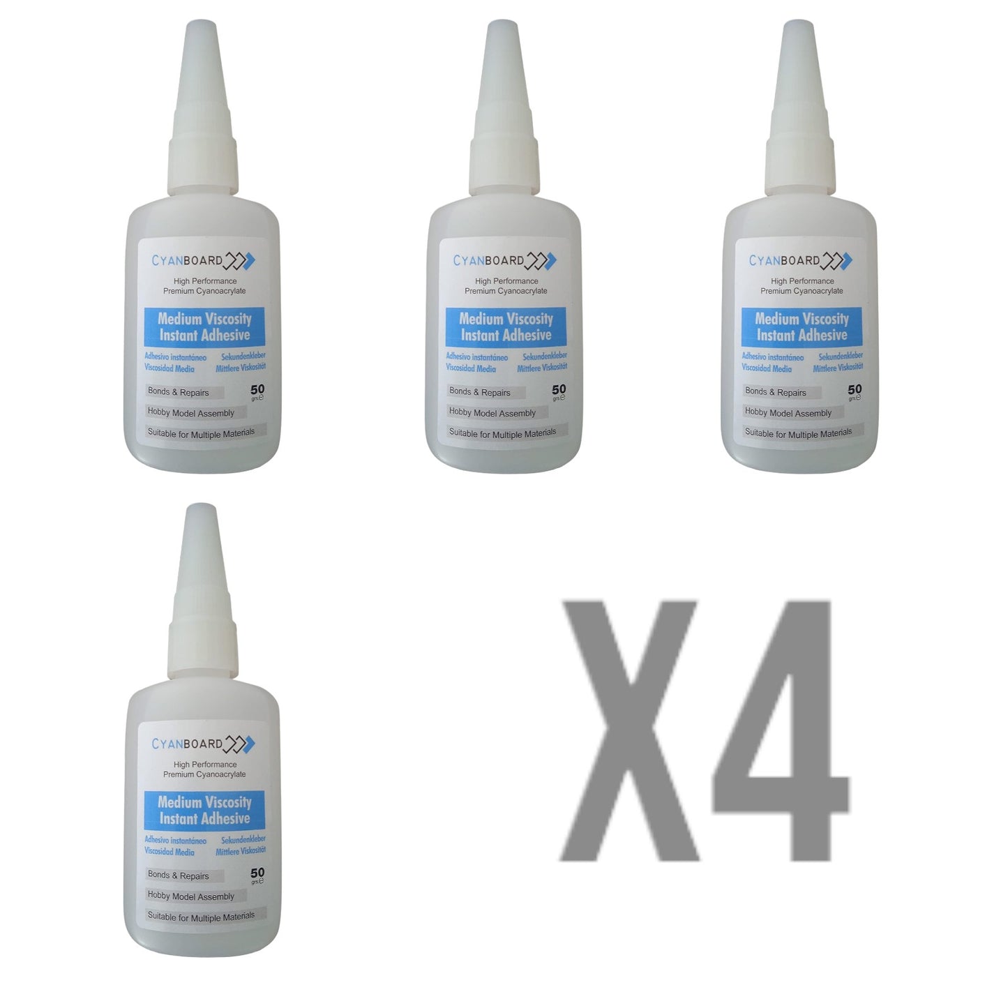 Cyanboard, 4 unidades de 50grs de adhesivo instantáneo, cianoacrilato viscosidad media. Pegamento múltiples materiales, modelismo, maquetas, dioramas.