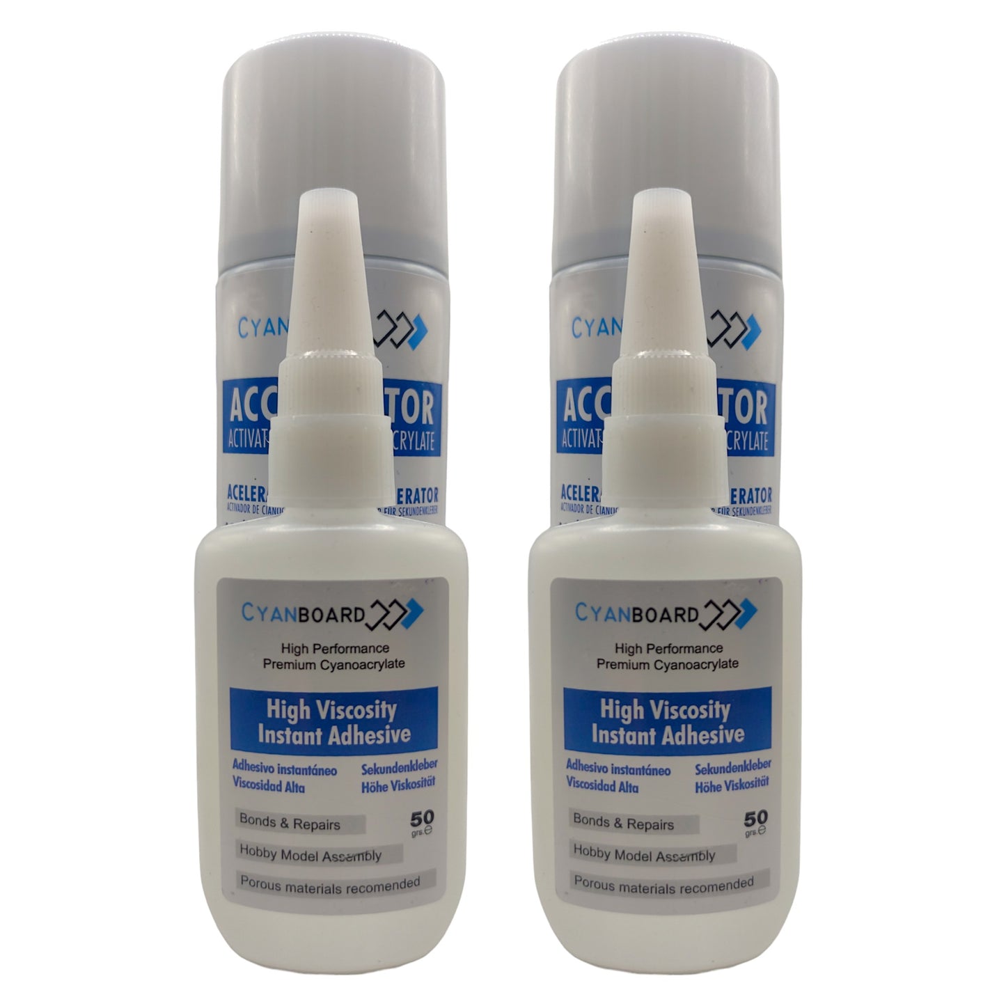 Cyanboard, 2 unidades Kit adhesivo de cianoacrilato de alta viscosidad (50grs) + Activador acelerador (200ml). Adhesivo instantáneo para modelismo. (Copy)