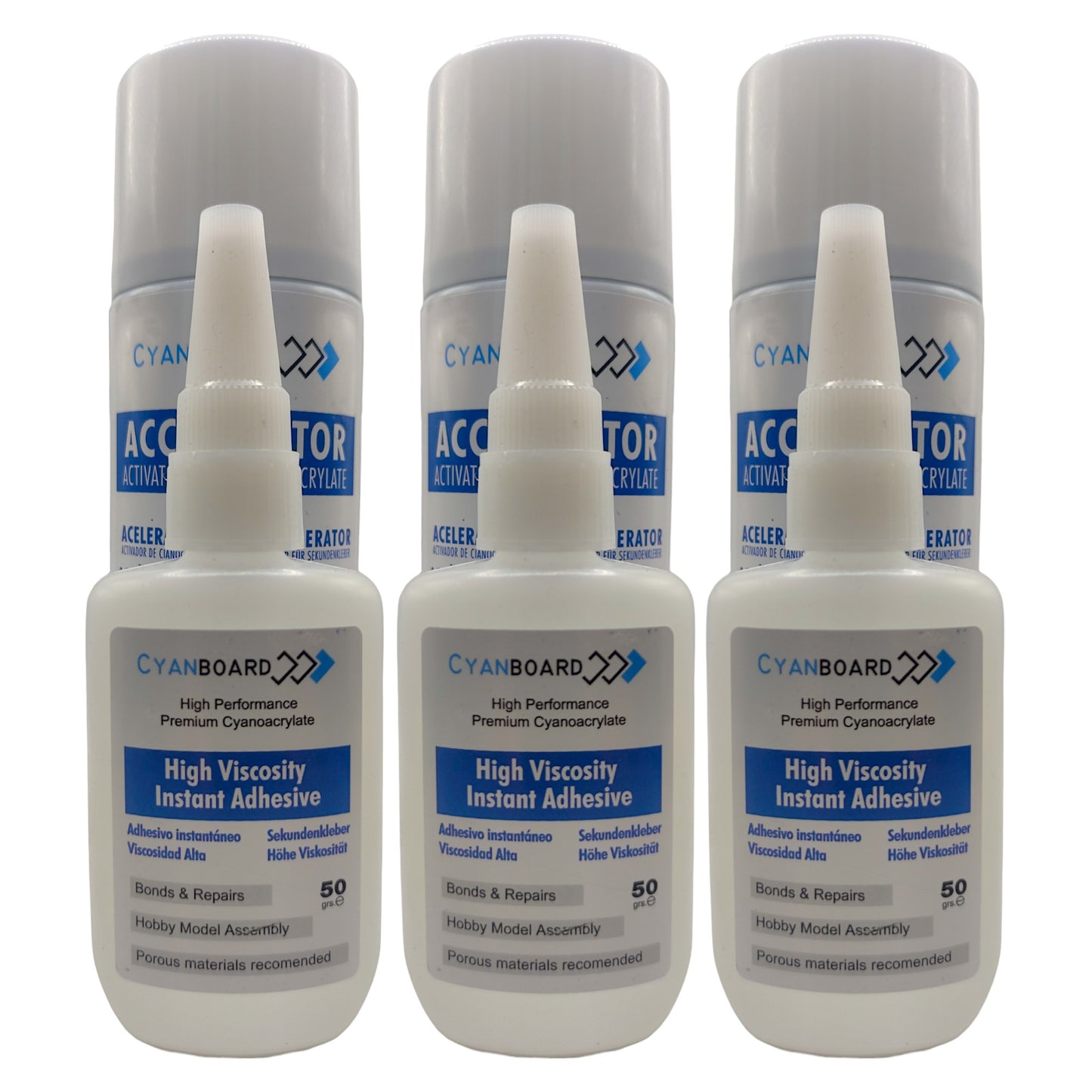 Cyanboard, 3 unidades Kit adhesivo de cianoacrilato de alta viscosidad (50grs) + Activador acelerador (200ml). Adhesivo instantáneo para modelismo. (Copy) (Copy)