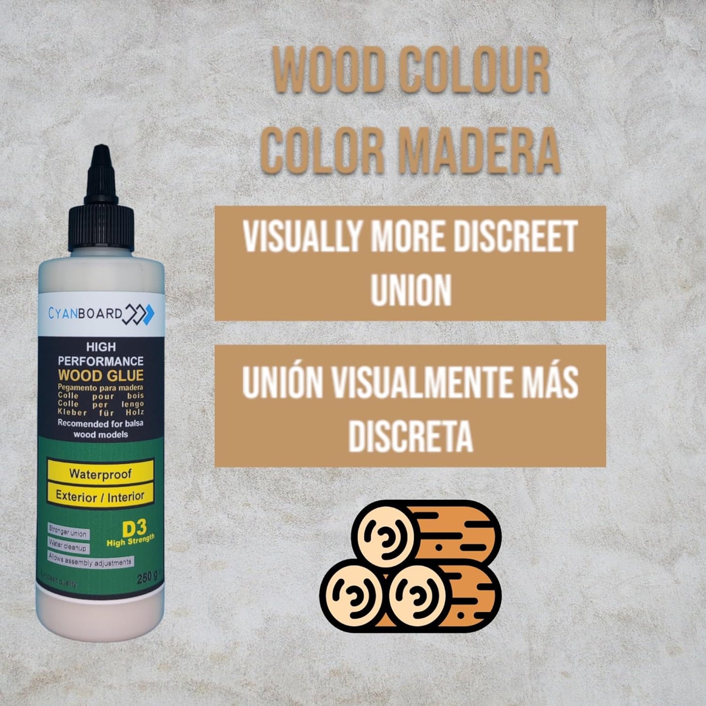 Cyanboard Wood Glue, 6 unidades 500 grs Cola Madera Extra Fuerte Resistencia D3 Exterior - Interior. Resistente a la humedad. Especial aeromodelismo.