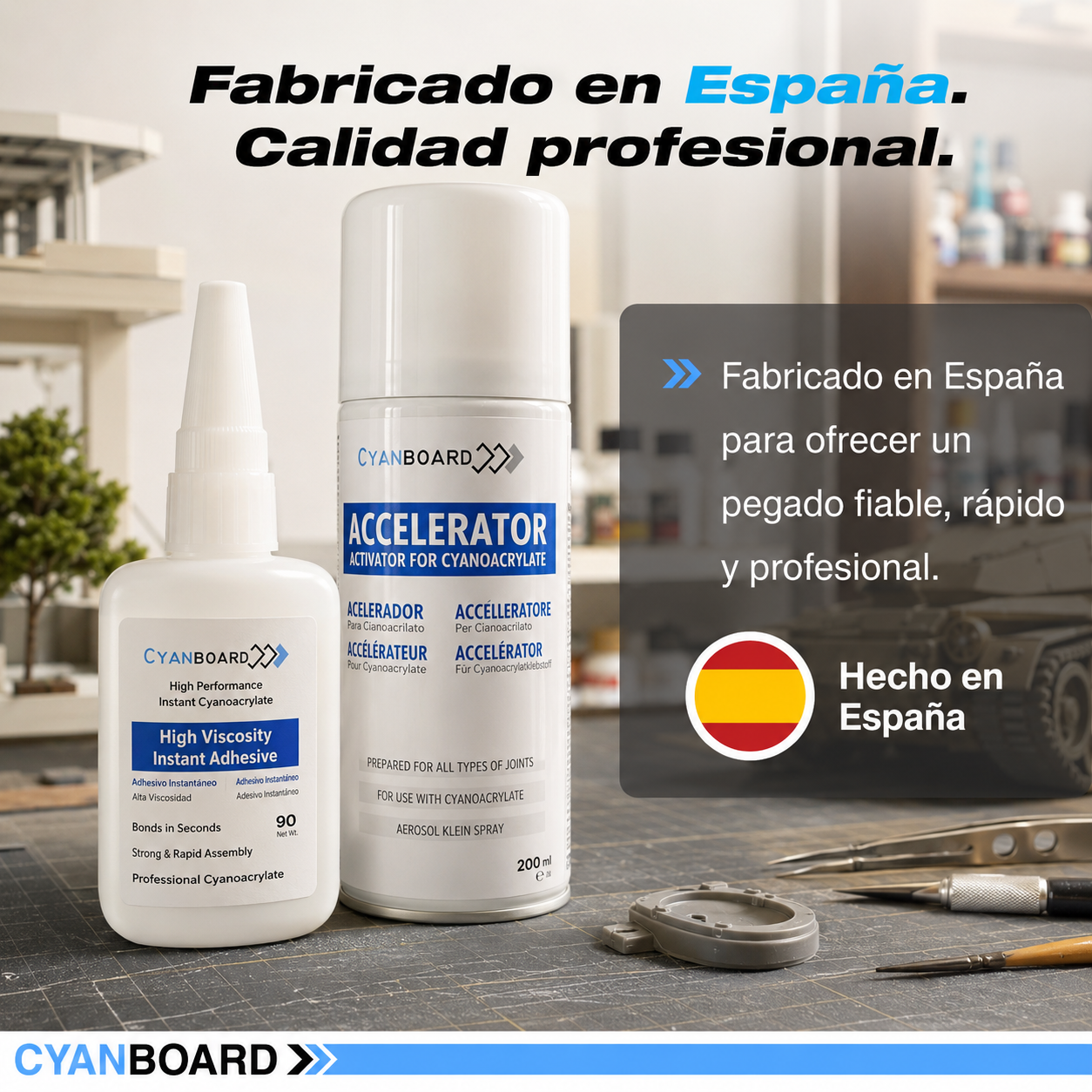 Kit adhesivo de cianoacrilato de alta viscosidad (50grs) + Activador acelerador tapa poros (200ml).