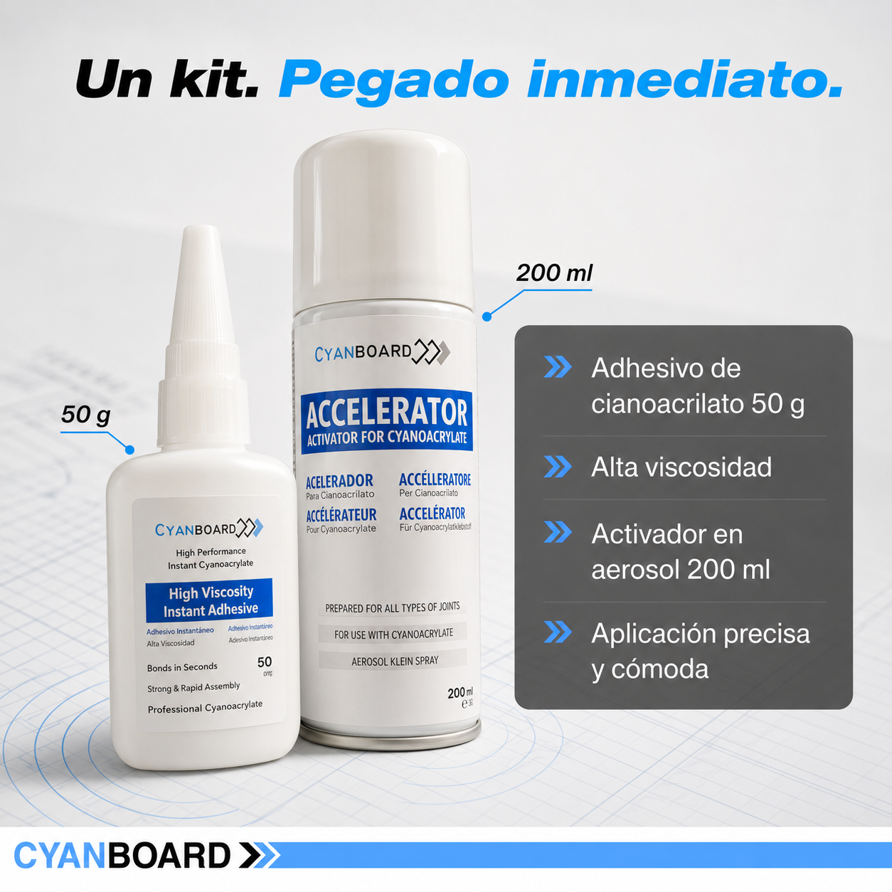 Kit adhesivo de cianoacrilato de alta viscosidad (50grs) + Activador acelerador tapa poros (200ml).