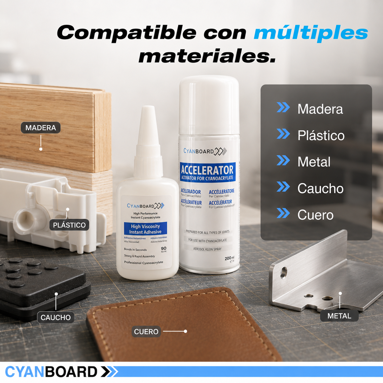 Kit adhesivo de cianoacrilato de alta viscosidad (50grs) + Activador acelerador tapa poros (200ml).