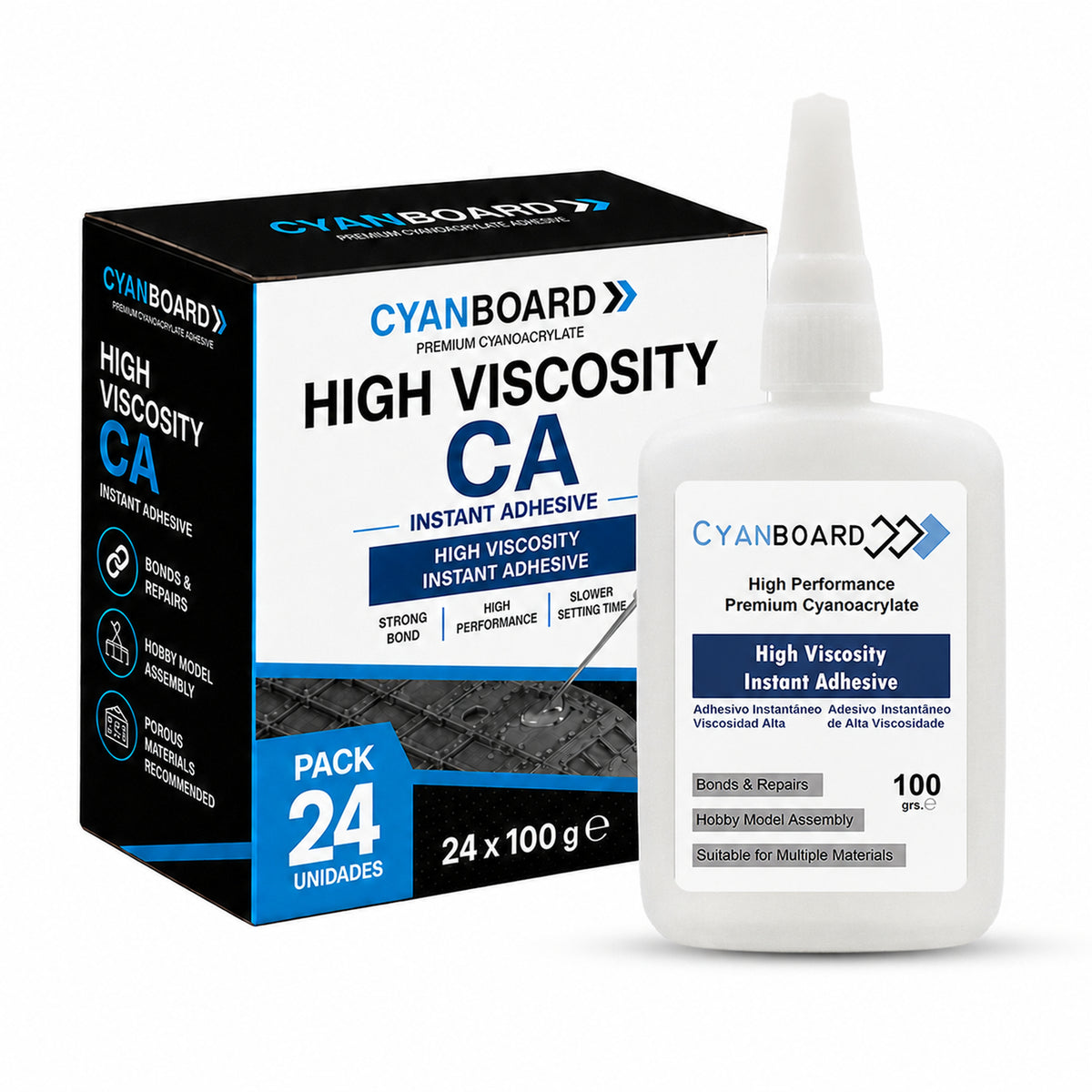 Cyanboard, 16 unités de 100 g d'adhésif cyanoacrylate instantané de viscosité moyenne. Colle multi-matériaux, modélisme et maquettes, réparations.
