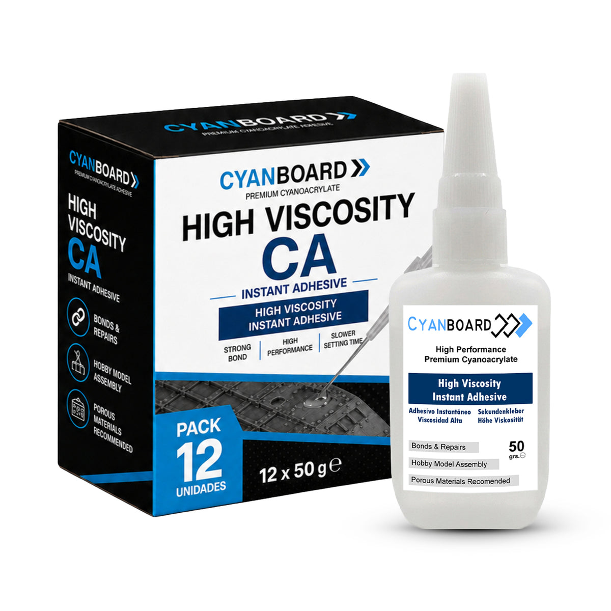 Cyanboard, 12 unités de 50g de colle instantanée, cyanoacrylate haute viscosité. Colle multi-matériaux, modélisme, maquettes, dioramas.