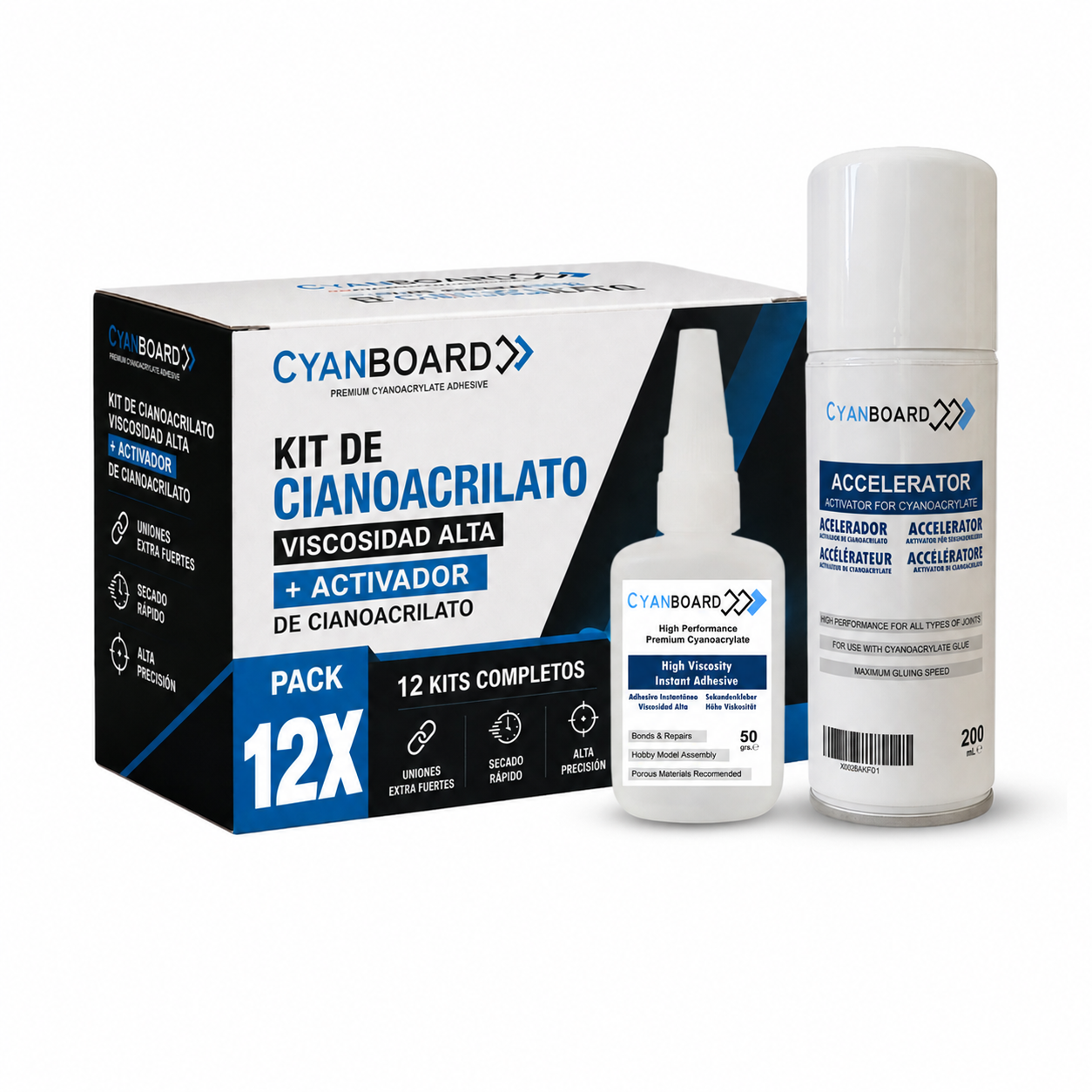 Cyanboard, kit de colle cyanoacrylate haute viscosité (6 x 50 g) + activateur accélérateur (200 ml). Colle instantanée pour modélisme.