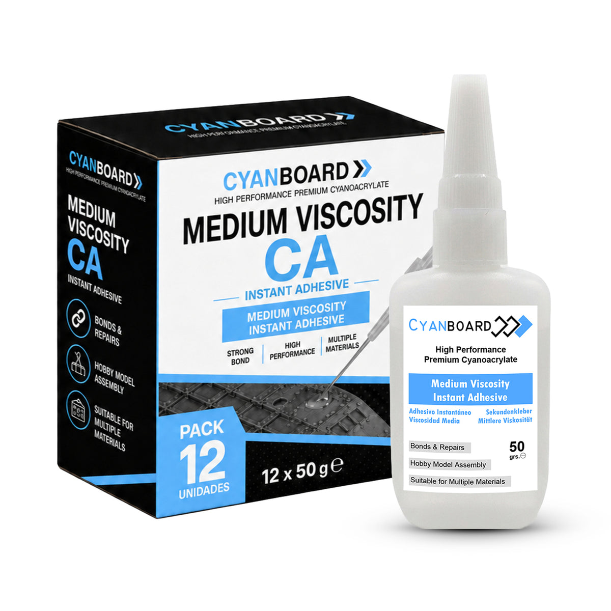 Cyanboard, 12 unités de 50g d'adhésif instantané, cyanoacrylate de viscosité moyenne. Colle multi-matériaux, modélisme, maquettes, dioramas
