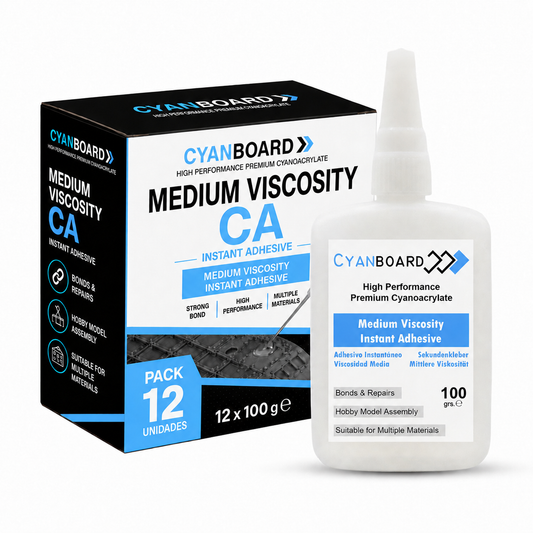 Cyanboard, 12 unidades de 100 grs de adhesivo instantáneo de cianoacrilato de viscosidad media.