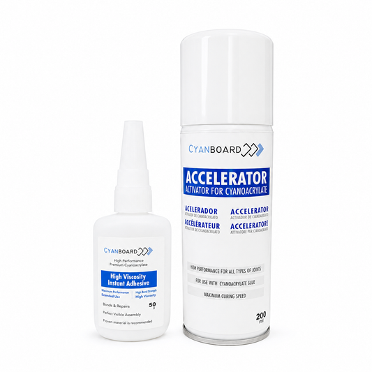 Kit adhesivo de cianoacrilato de alta viscosidad (50grs) + Activador acelerador tapa poros (200ml).