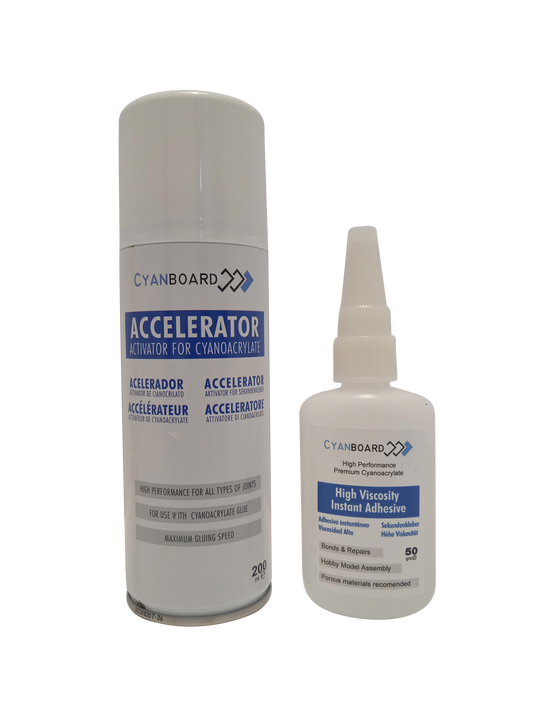 Kit adhesivo de cianoacrilato de alta viscosidad (50grs) + Activador acelerador tapa poros (200ml).